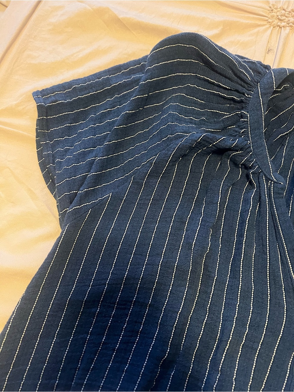 Joie Navy and White Vertical-Stripe V-Neck Button Blouse - Picture 3 of 3